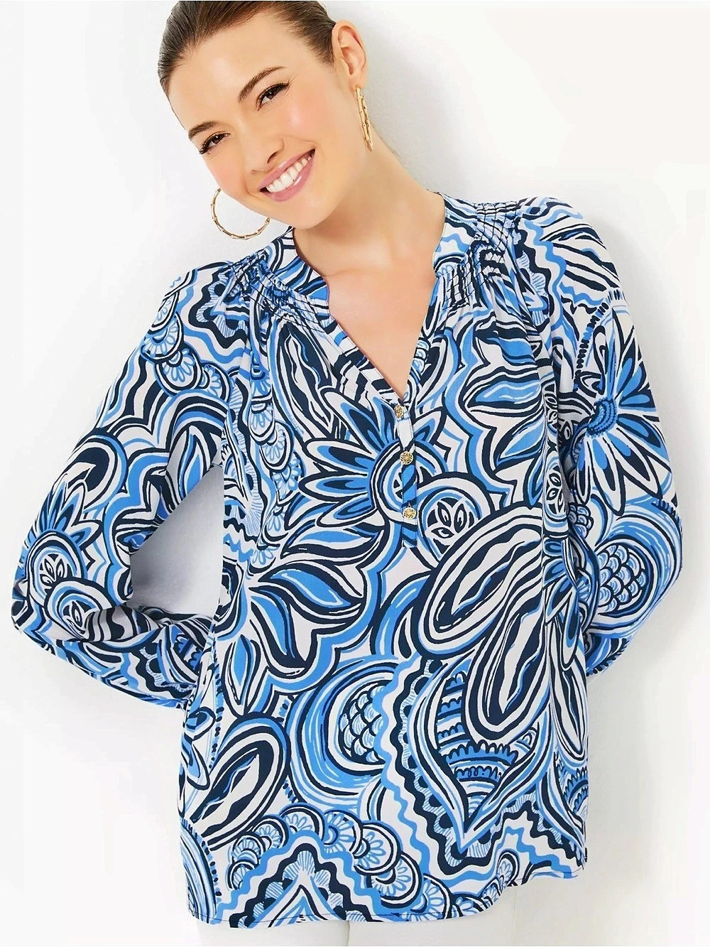 Lilly Pulitzer Elsa Silk Top Abstract Blouse Blue & White XXL NWT